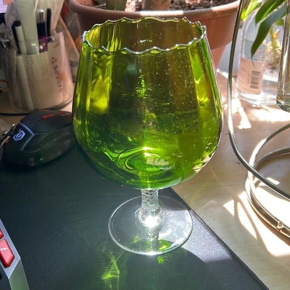 Vintage Green Italian Glass Ribbed Etch Crystal Pedestal Stem Brandy Wine Glass - Picture 2 of 6